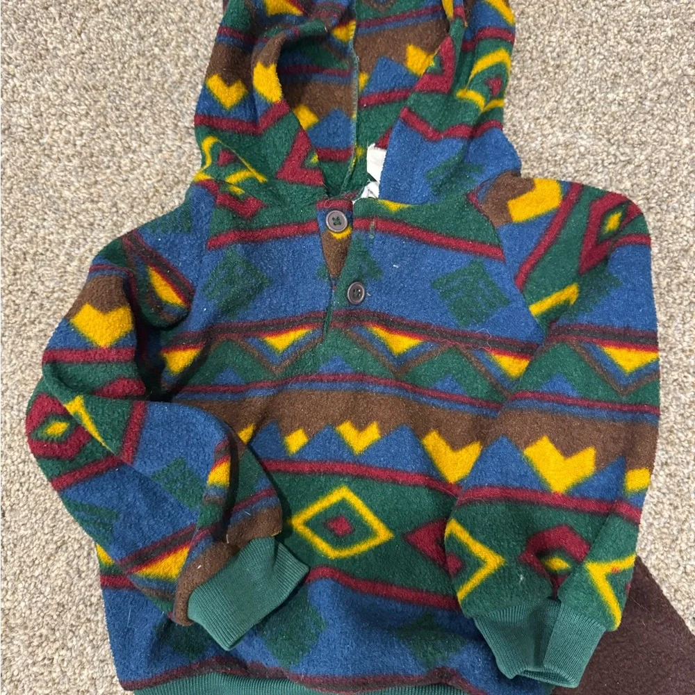 24 Months Vintage Colorful Patterned Polar Fleece Hoodie and Brown Pants Set - Picture 2 of 3